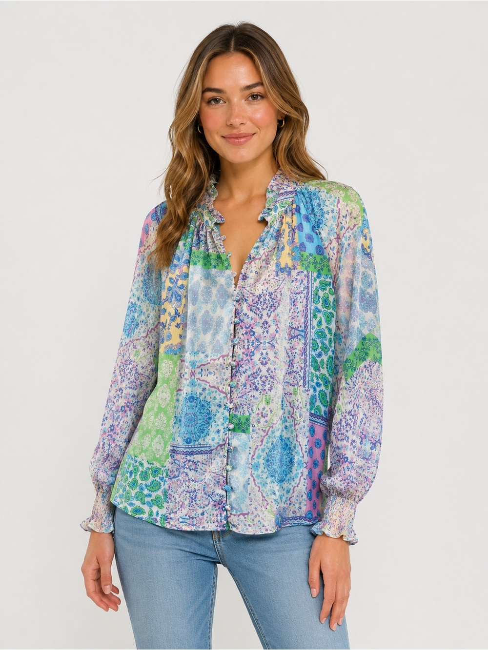Entro Multi-Color Patchwork Ruffle Henley Blouse